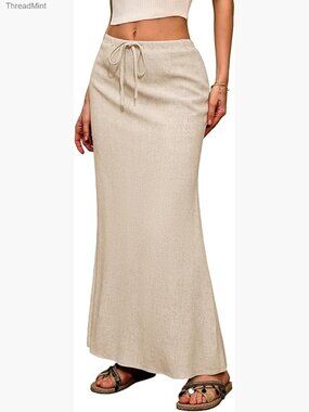 Linen Flared Maxi Skirt with Back Slit - Elastic Waist Drawstring Long Flow